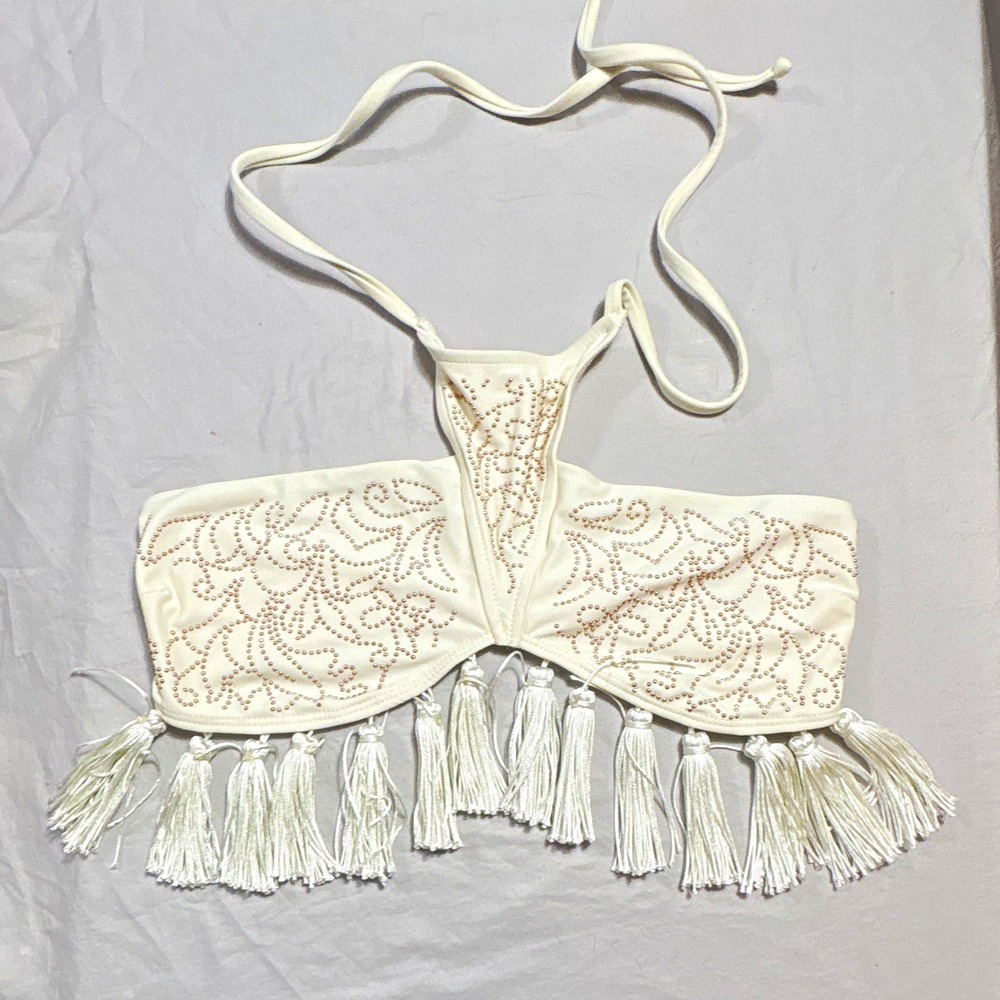 Beach Riot Bikini Top M Ivory Rhinestone Tassel Fringe Halter Made USA Boho